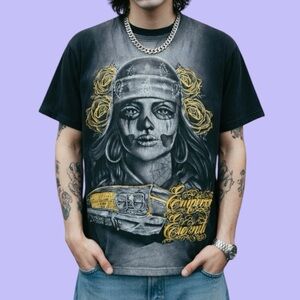 Emperor Eternity Early 2000s Grunge Graphic Tee with Skull and Roses